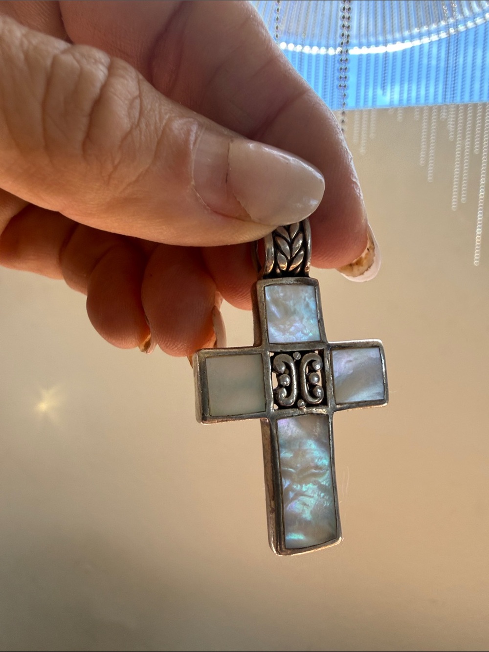 Vintage Sterling Silver 925 Mother of Pearl Cross Pendant Lg Artisan Religious - Picture 9 of 9